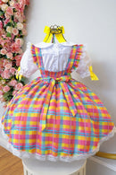 Conjunto Junino Meninas Blusa Branca Com Saia Xadrez Colorida