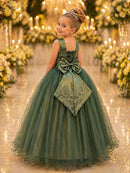 Vestido Infantil Longo Verde Oliva Damas de Honra Pérolas Luxo