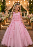 Vestido Infantil Longo Rosa Aplique Borboletas Festas Dama Luxo