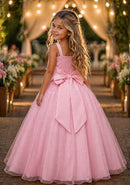 Vestido Infantil Longo Rosa Aplique Borboletas Festas Dama Luxo