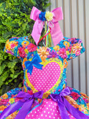 Vestido Infantil Junino Caipira Arraiá Rosa Chiclete Colorido