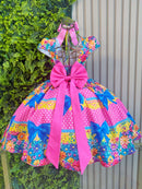 Vestido Infantil Junino Caipira Arraiá Rosa Chiclete Colorido